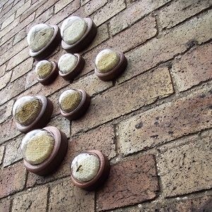 Glass domes encase the honeycomb with flameworked bees made by Wesley Fleming...